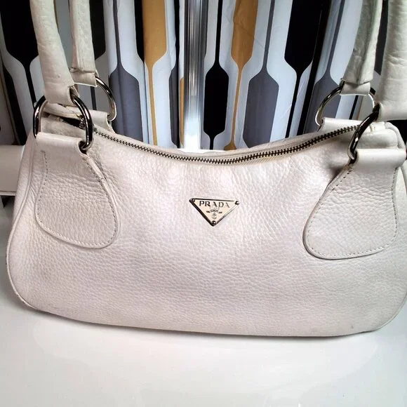 Vintage Prada Hobo Handbag Pebbled White Leather Medium Size - Picture 2 of 14